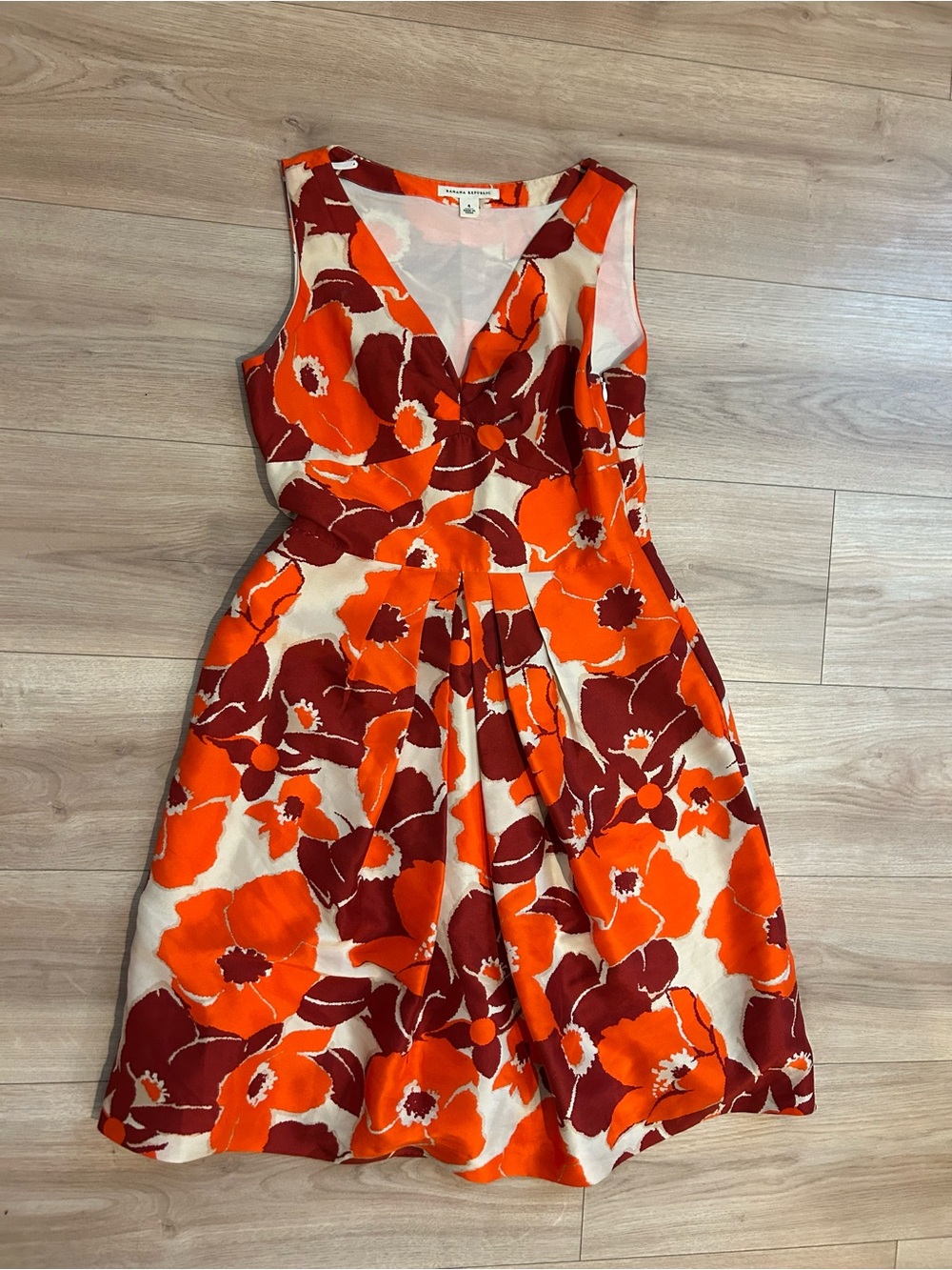 Banana Republic Orange & Burgundy Floral V-Neck Sleeveless Dress